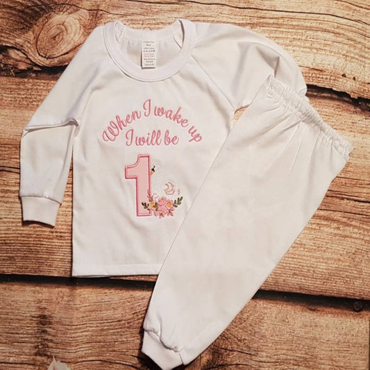 childrens personalised birthday pjs, childs embroidered swan pyjamas