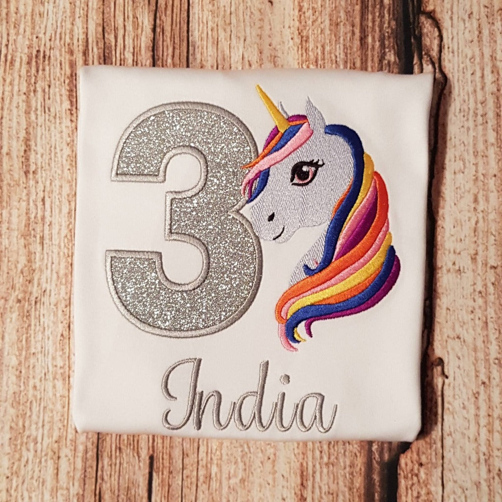 Childrens unicorn birthday tshirt, Child's personalised birthday shirt