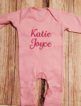 Load image into Gallery viewer, Personalised baby grow, childs embroidered sleep suit,
