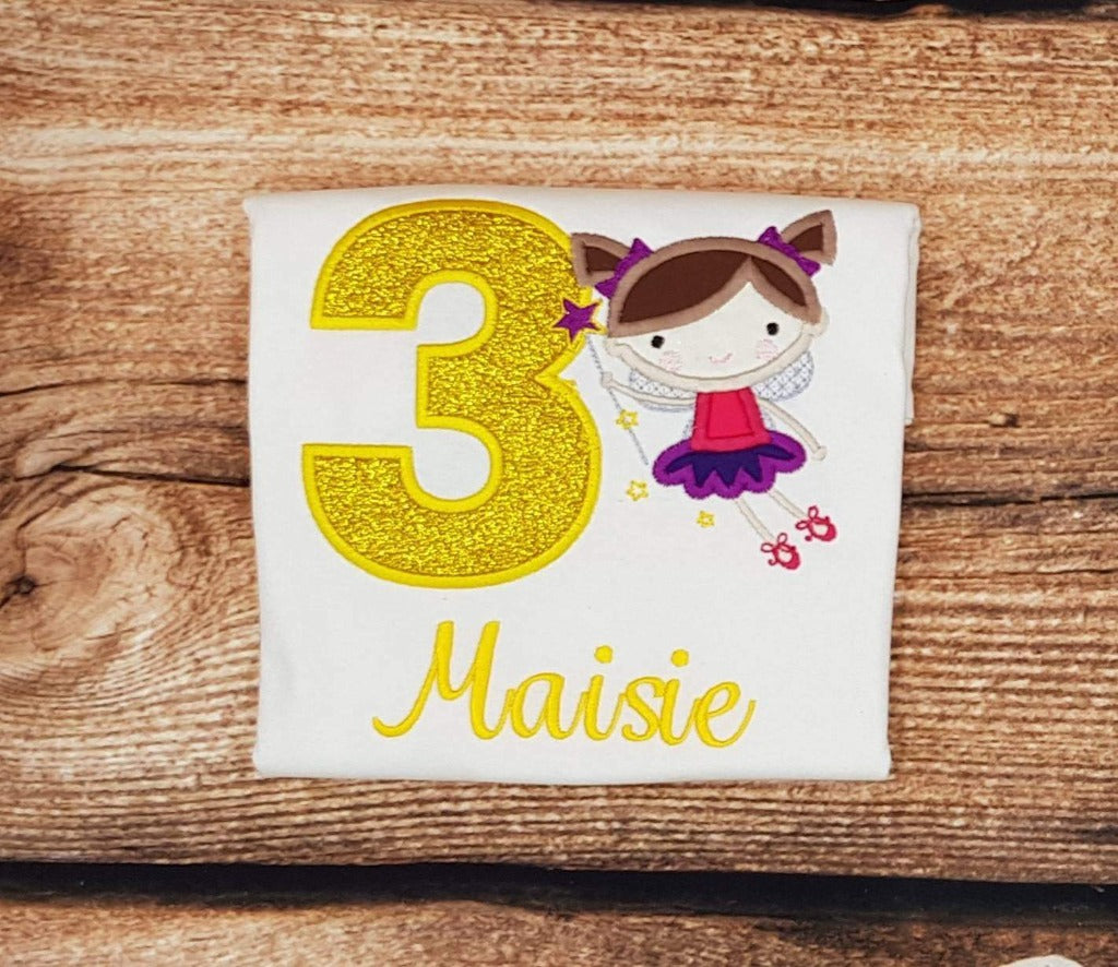 Childrens personalised birthday tshirt, Childs embroidered Fairy/pixie birthday shirt