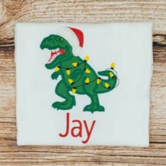 Childrens Christmas dinosaur tshirt, trex with fairy lights xmas tee, Kids festive top, Child's embroidered dino shirt, personalised gift