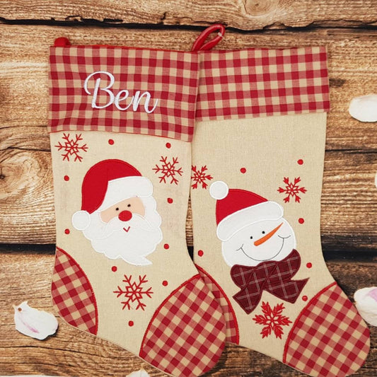 santa/snowman christmas stocking, xmas sock, personalised festive gift, Childrens embroidered stocking, Kids personalised home decoration