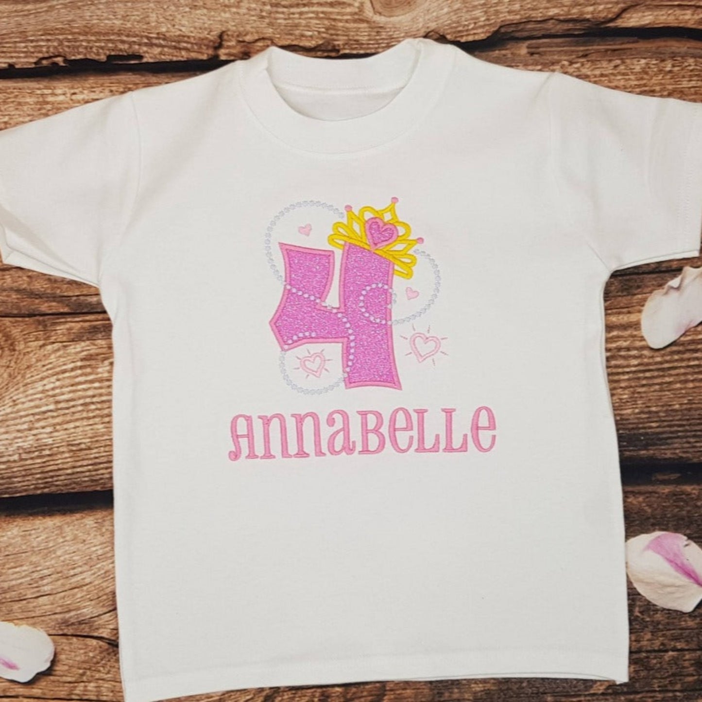 Personalised Princess birthday shirt, Glitter number with tiara, hearts and pearls embroidered tshirt