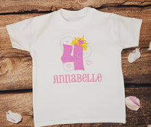 Load image into Gallery viewer, Personalised Princess birthday shirt, Glitter number with tiara, hearts and pearls embroidered tshirt
