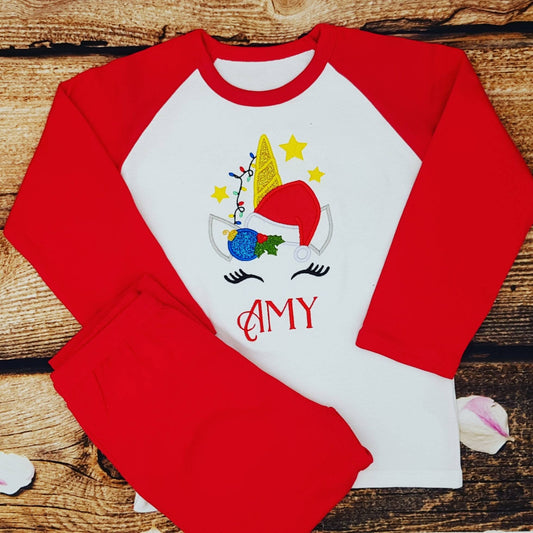 Childrens Christmas pyjamas, Kids xmas unicorn pjs, Childs embroidered sleepwear, lounge wear, night wear, personalised gift