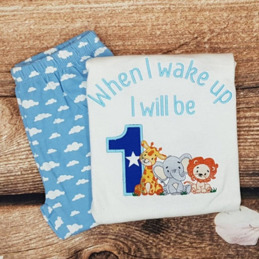 Childrens personalised birthday pyjamas, Childs embroidered jungle theme pjs