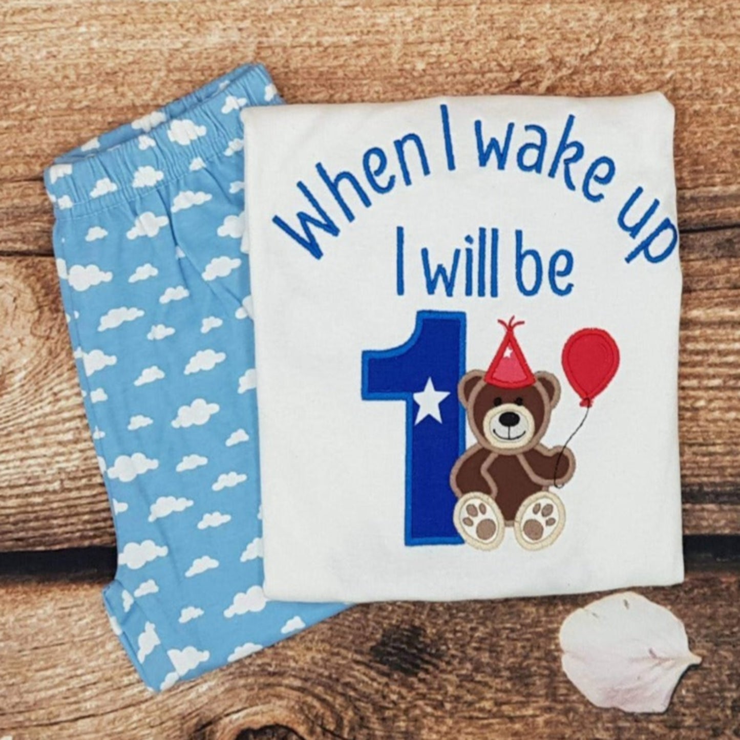 Childrens personalised birthday pyjamas, teddy bear with balloon embroidered pjs