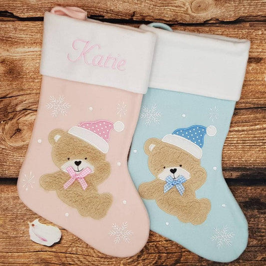 Baby Christmas stocking, Personalised present, Childrens xmas sock, embroidered christmas keepsake, Christmas eve gift, teddy bear