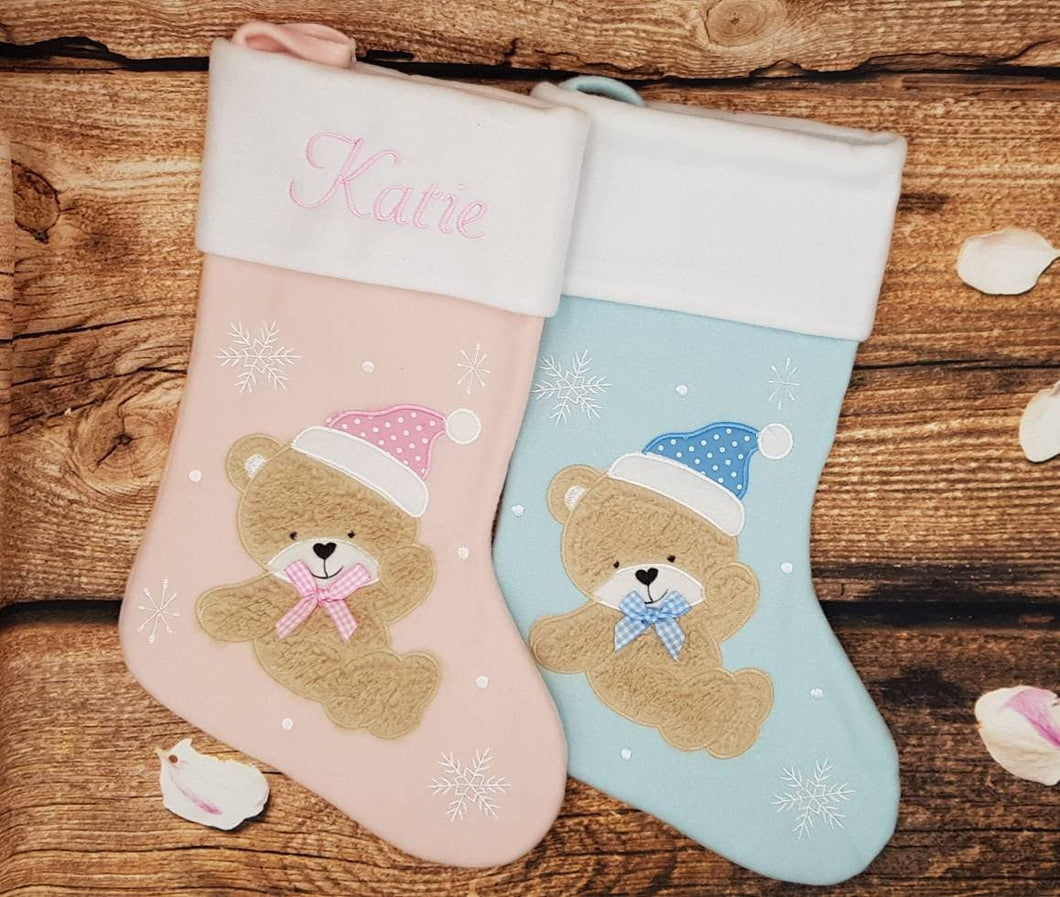 Baby Christmas stocking, Personalised present, Childrens xmas sock, embroidered christmas keepsake, Christmas eve gift, teddy bear