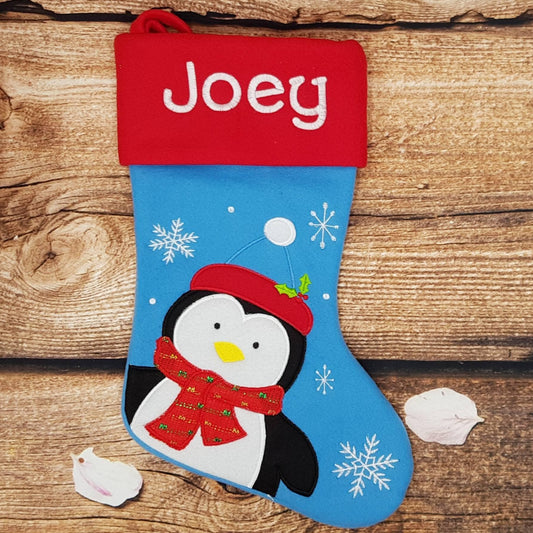 Christmas stocking, Personalised present, Childrens xmas sock, embroidered christmas keepsake, Christmas eve gift, penguin, baby stocking