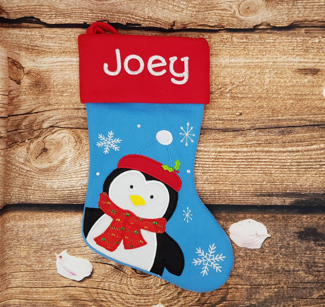 Christmas stocking, Personalised present, Childrens xmas sock, embroidered christmas keepsake, Christmas eve gift, penguin, baby stocking