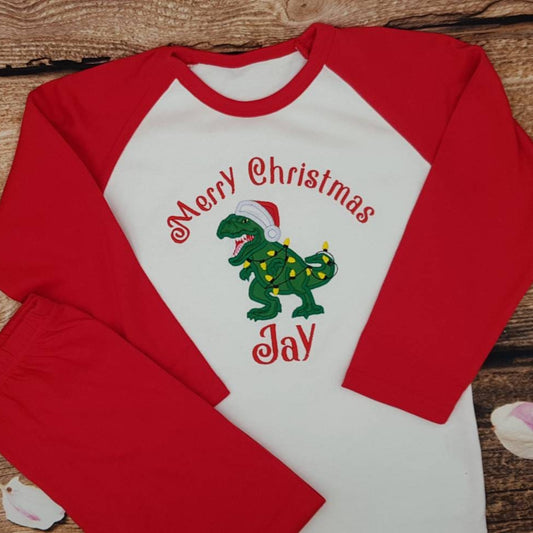 Childrens Christmas Pyjamas, Xmas pjs, Kids embroidered sleepwear, Childs nightwear, lounge wear, Festive dinosaur pjs