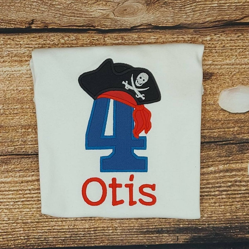 Chilldrens personalised pirate birthday tshirt, childs embroidered birthday shirt