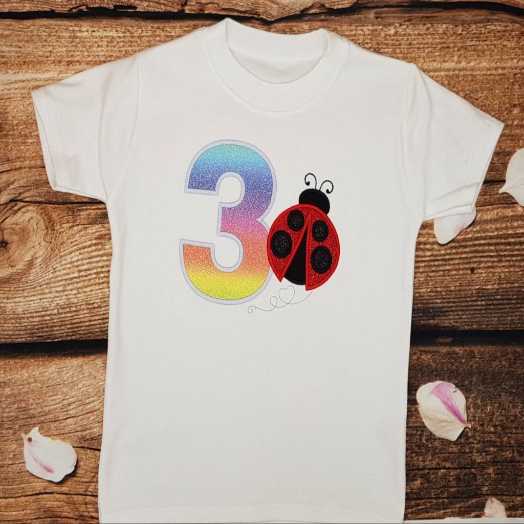 Childrens personalised birthday tshirt, Childs embroidered lady bird birthday shirt
