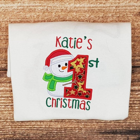 Baby's first christmas tshirt, personalised 1st christmas top, embroidered xmas shirt, Snowman 1st christmas tee, childrens festive clothes