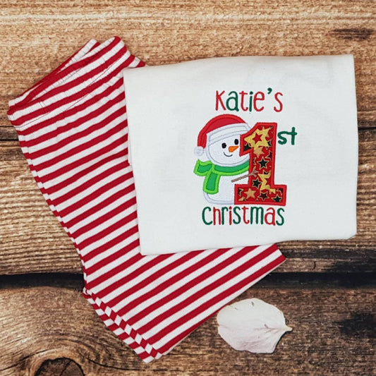 Baby's first christmas pyjamas, snowman 1st christmas pjs, Baby embroidered sleepwear, personalised nightwear, festive loungewear, xmas pjs