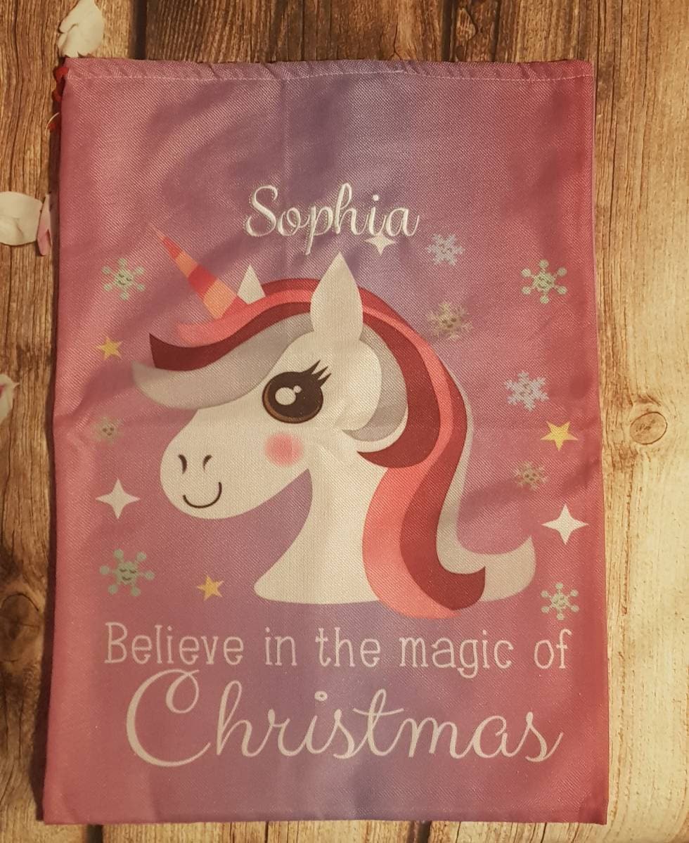 Personalised Unicorn Christmas sack, Christmas present sack, personalised gift bag, xmas gift bag