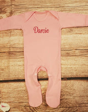 Load image into Gallery viewer, Personalised baby grow, childs embroidered sleep suit,
