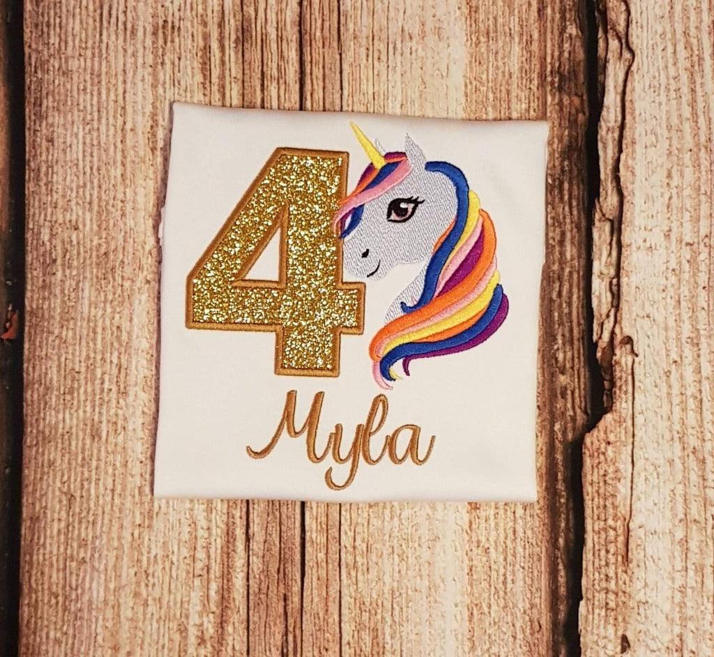 Childrens unicorn birthday tshirt, Childs personalised birthday shirt