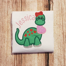 Load image into Gallery viewer, Childrens personalised dinosaur t-shirt, embroidered valentines shirt
