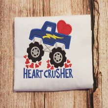 Load image into Gallery viewer, Children&#39;s valentines tshirt, monster truck tee, Child&#39;s heartbreaker top, Kids embroidered valentines shirt
