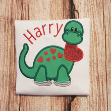 Load image into Gallery viewer, Children&#39;s personalised dinosaur t-shirt, child&#39;s embroidered valentines shirt
