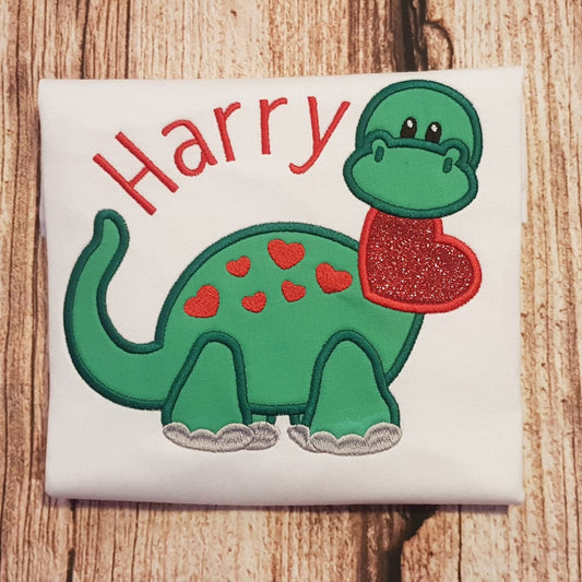 Childrens dinosaur t-shirt, kids valentines top, child's embroidered dino shirt, personalised gift, personalised clothing
