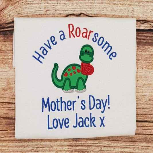 childrens personalised mothers day tshirt, childs embroidered dino tee