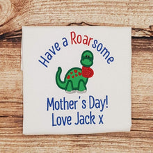 Load image into Gallery viewer, childrens personalised mothers day tshirt, childs embroidered dino tee
