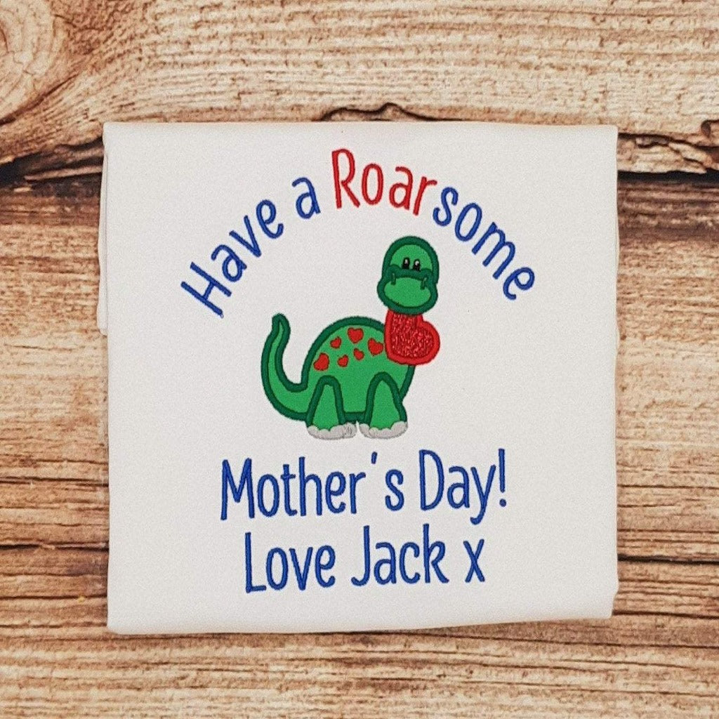 childrens personalised mothers day tshirt, childs embroidered dino tee