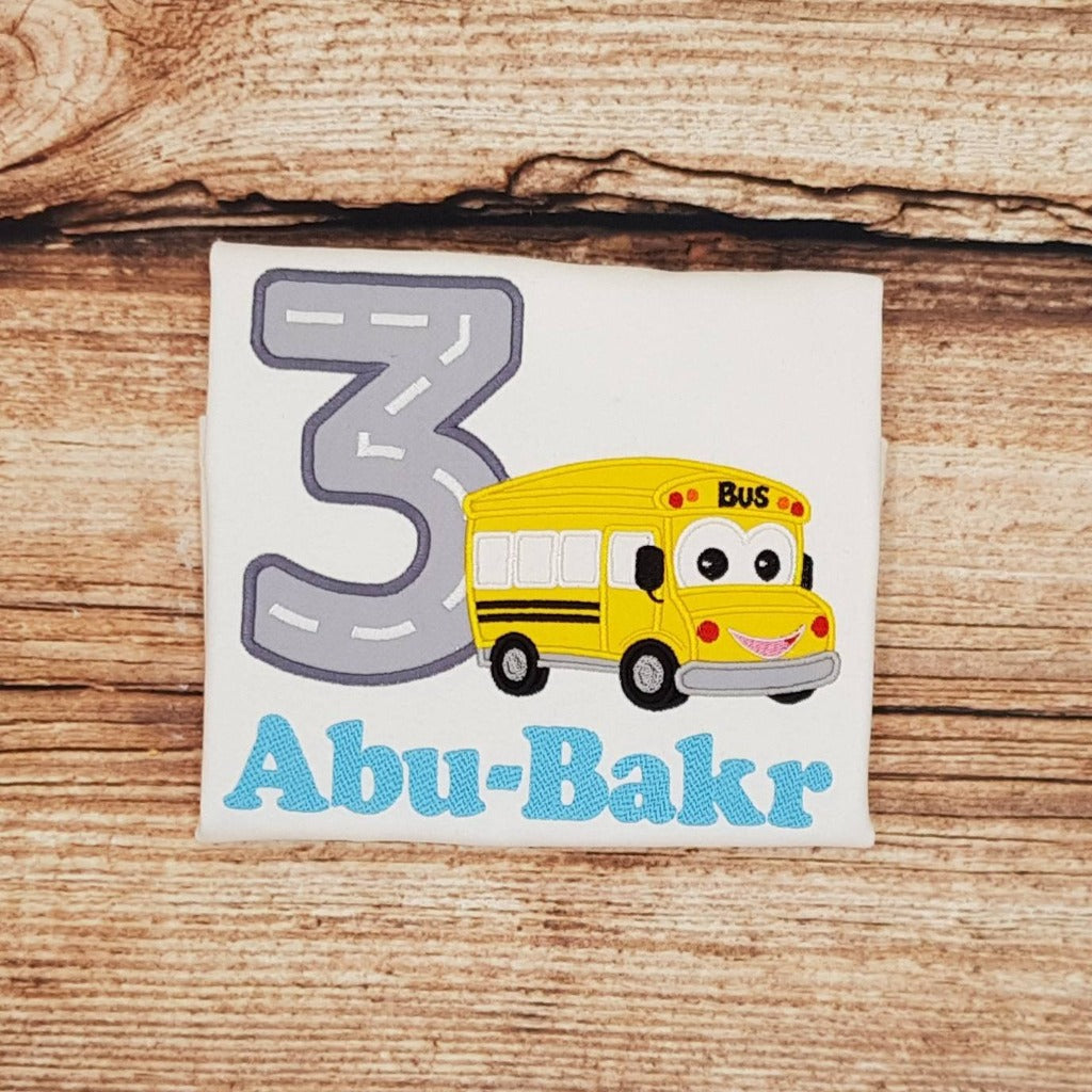 Childrens personalised birthday tshirt, Childs embroidered bus birthday shirt