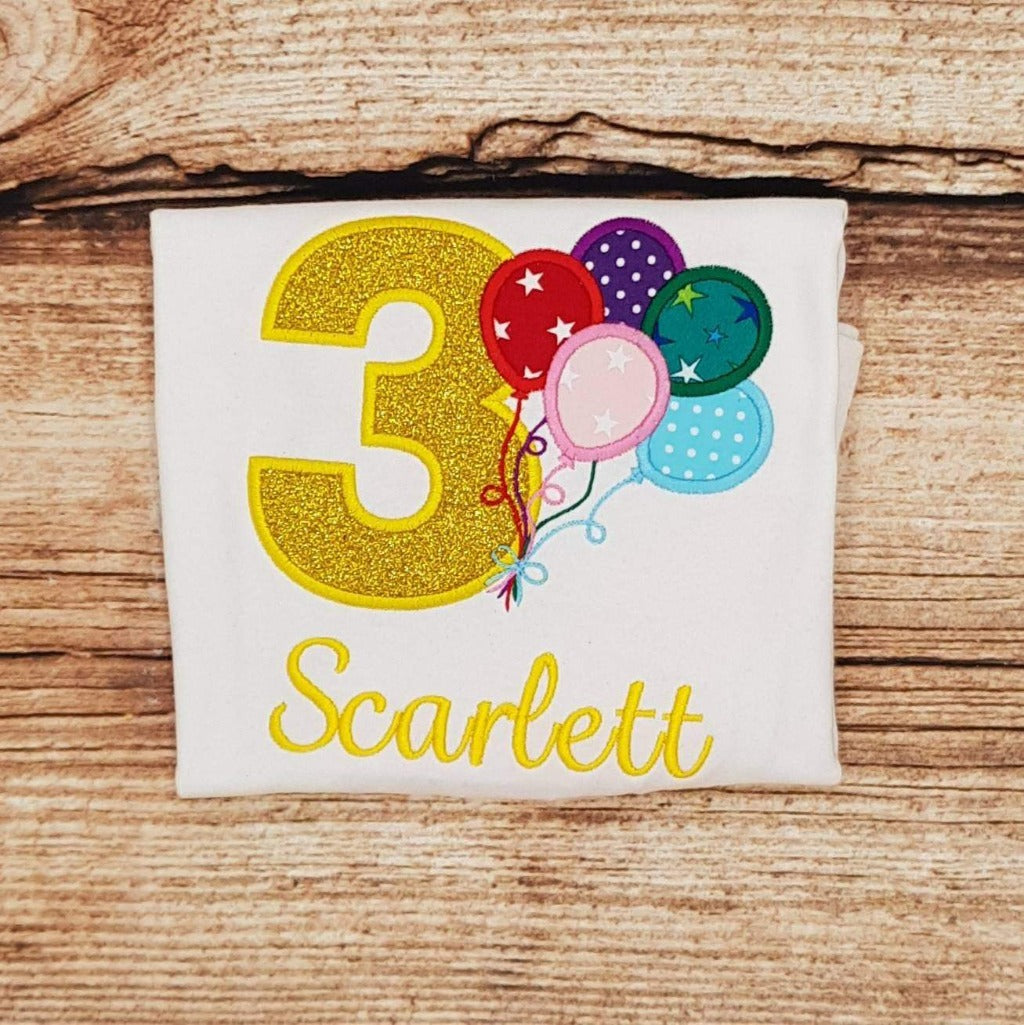 Childrens personalised birthday tshirt, Childs birthday balloons embroidered shirt