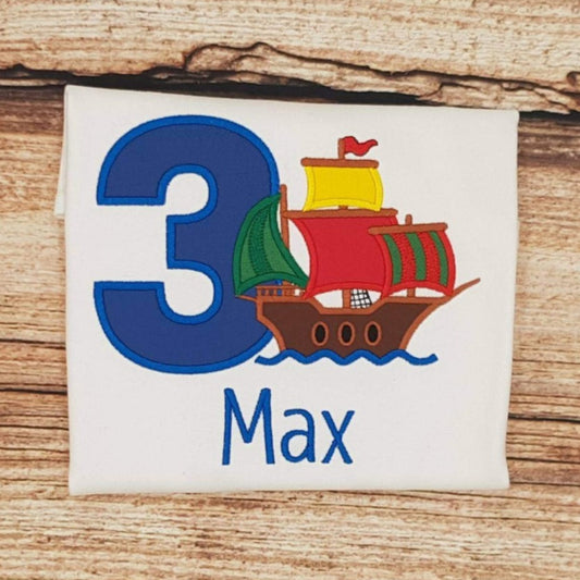 Chilldrens personalised pirate ship birthday tshirt, childs embroidered birthday shirt