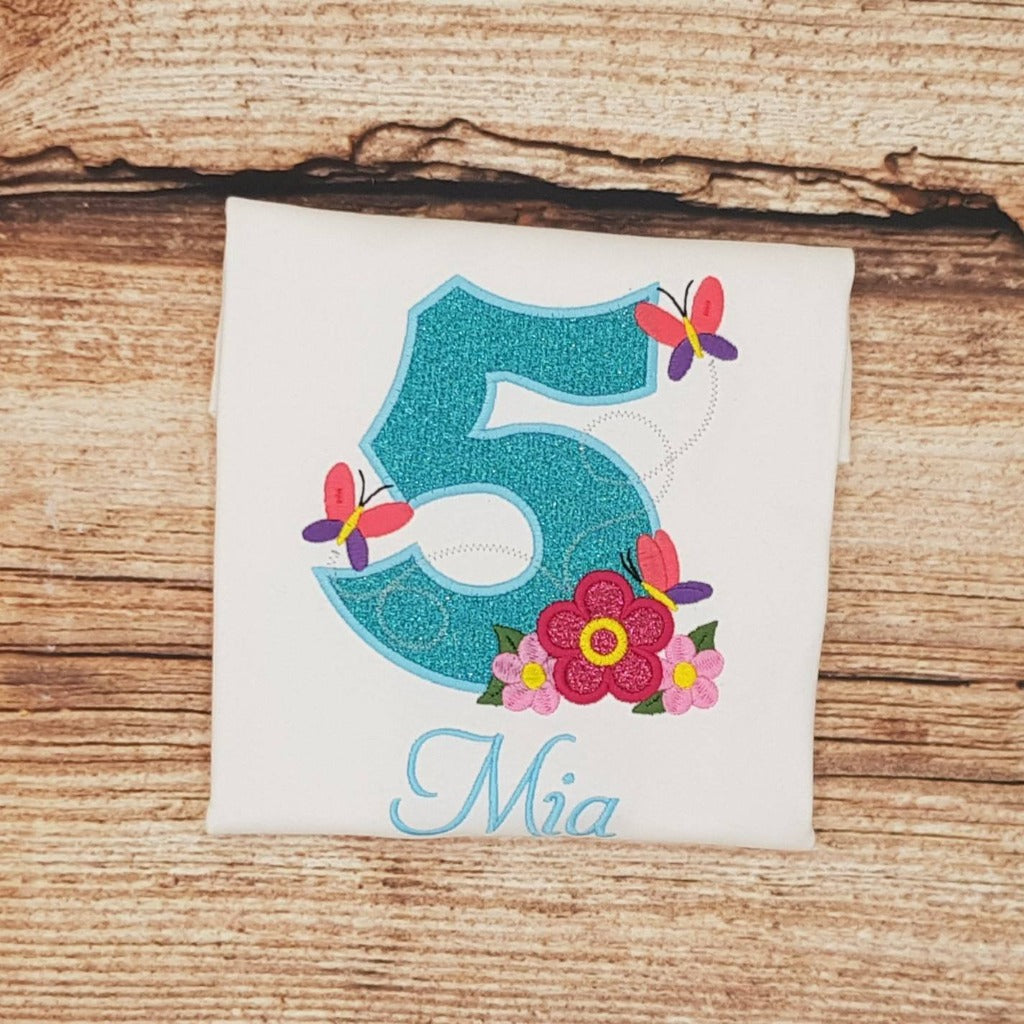 Butterflies and flowers birthday tshirt, Childrens personalised birthday shirt