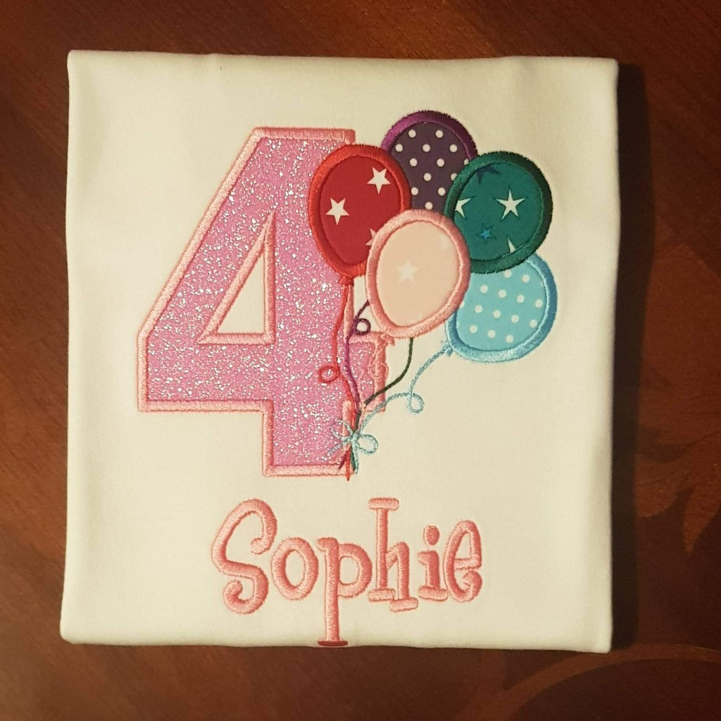 Childrens personalised birthday tshirt, Childs birthday balloons embroidered shirt