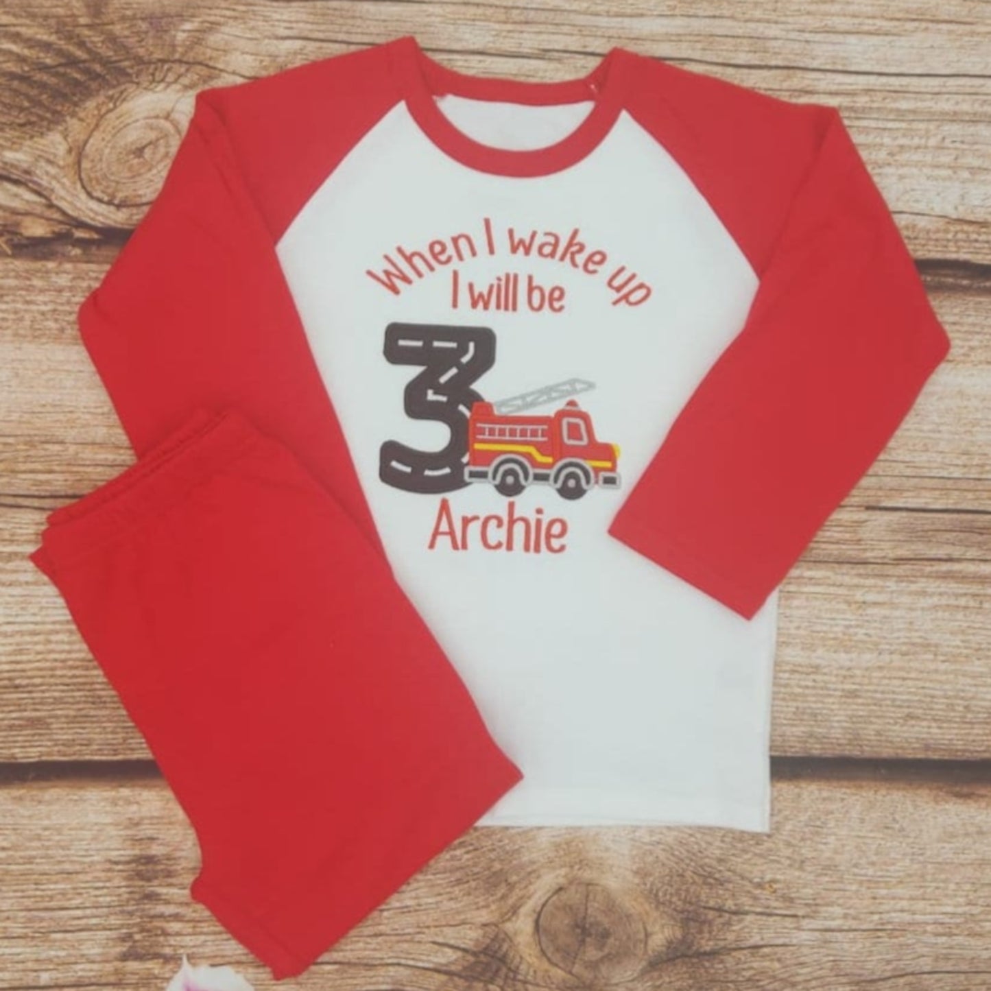 Childrens Fire engine birthday pyjamas, when I wake up pjs, Kids birthday sleepwear, fireman loungewear, childs personalised pjs