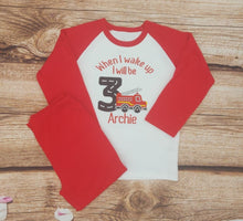 Load image into Gallery viewer, Childrens Fire engine birthday pyjamas, when I wake up pjs, Kids birthday sleepwear, fireman loungewear, childs personalised pjs
