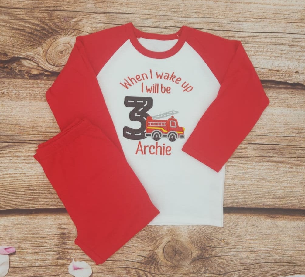 Childrens Fire engine birthday pyjamas, when I wake up pjs, Kids birthday sleepwear, fireman loungewear, childs personalised pjs