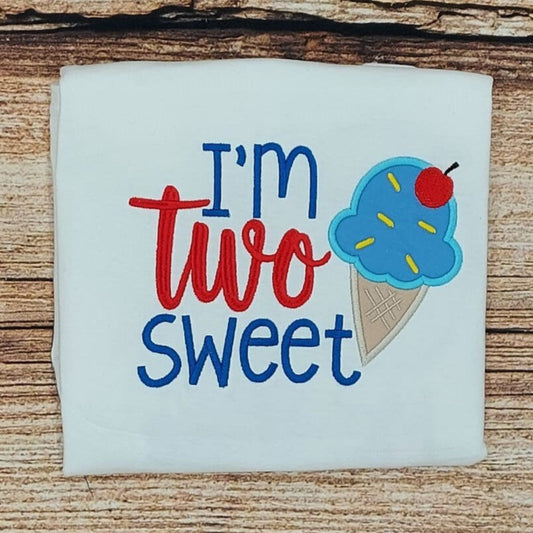 Childrens birthday tshirt, 2 yr old birthday tee, two year old birthday shirt,two sweet, Ice cream birthday top,embroidered 2nd birthday tee