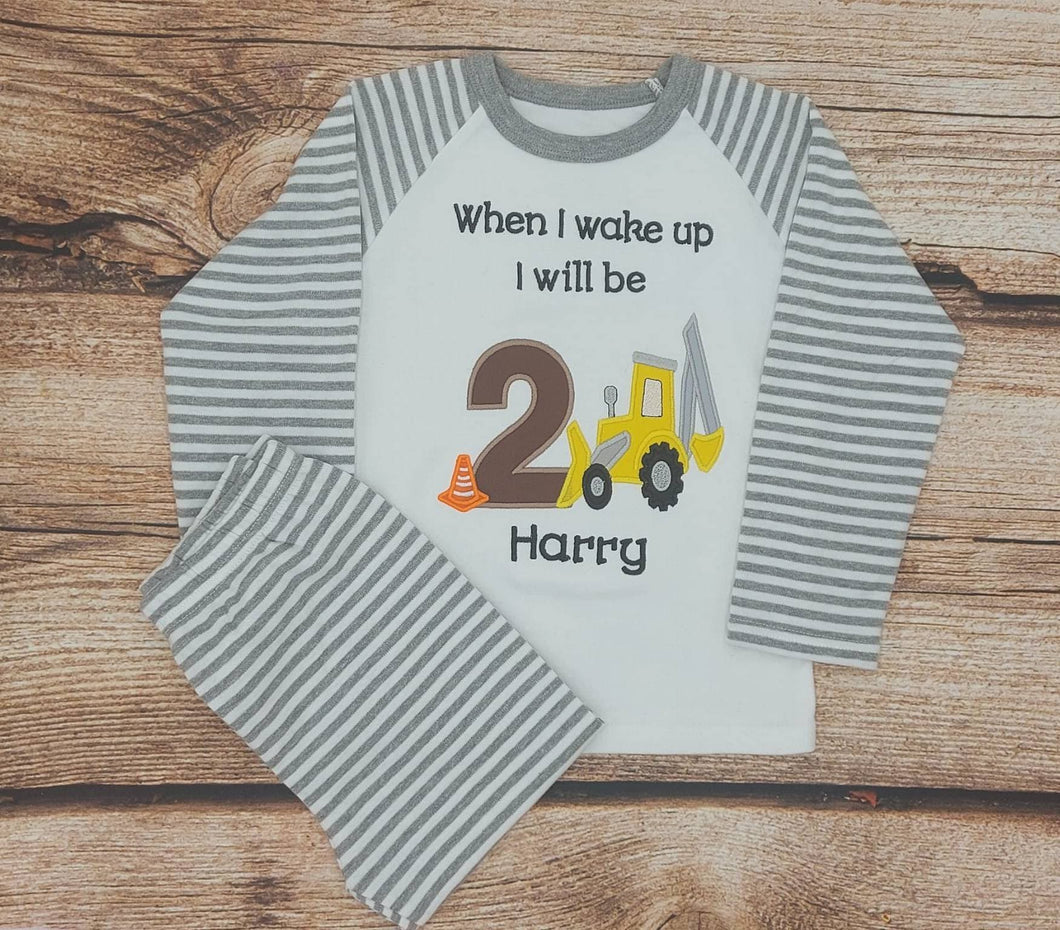 Children's personalised birthday pyjamas, child's embroidered birthday pjs, kids digger sleepwear, When I wake up celebration nightwear