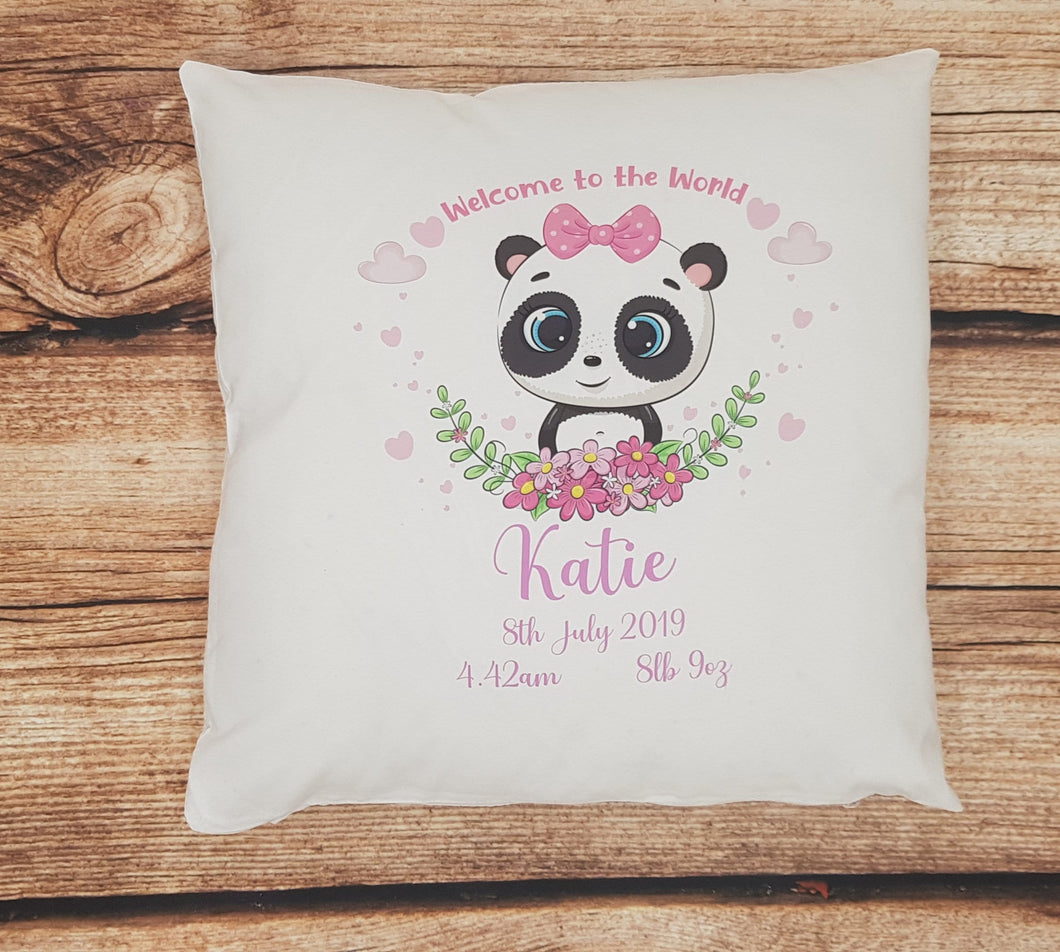 Personalised Birth stat cushion, baby cushion, childrens cushion, panda cushion, nursery decor, new baby gift, baby shower gift