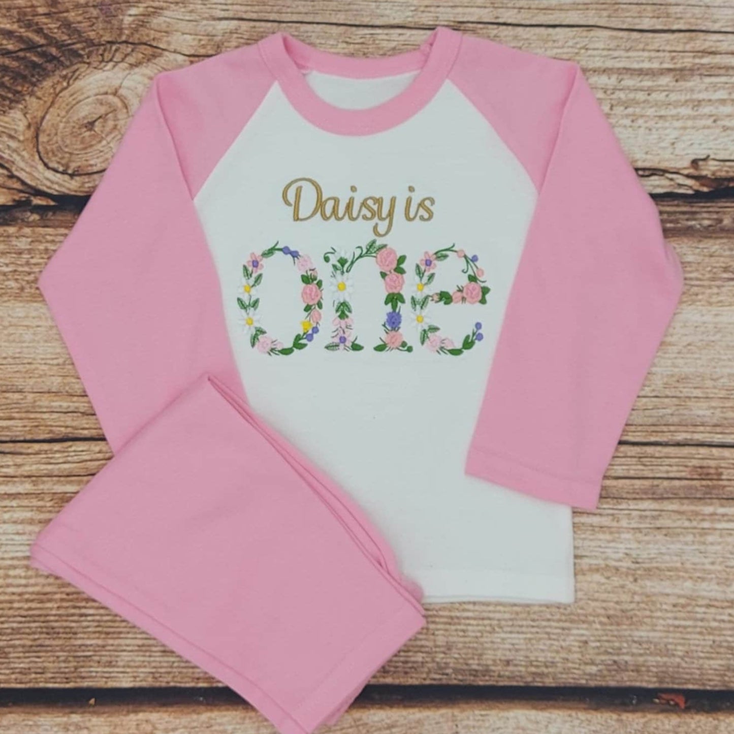 childrens personalised pyjamas, first birthday pjs, 1st birthday sleepwear, floral nightwear, one year old pjs, 1yr old loungewear, flowers