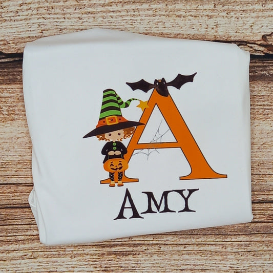 Childrens personalised halloween tshirt, childs witch shirt, kids Halloween clothing, Witch alphabet, personalised Halloween gift