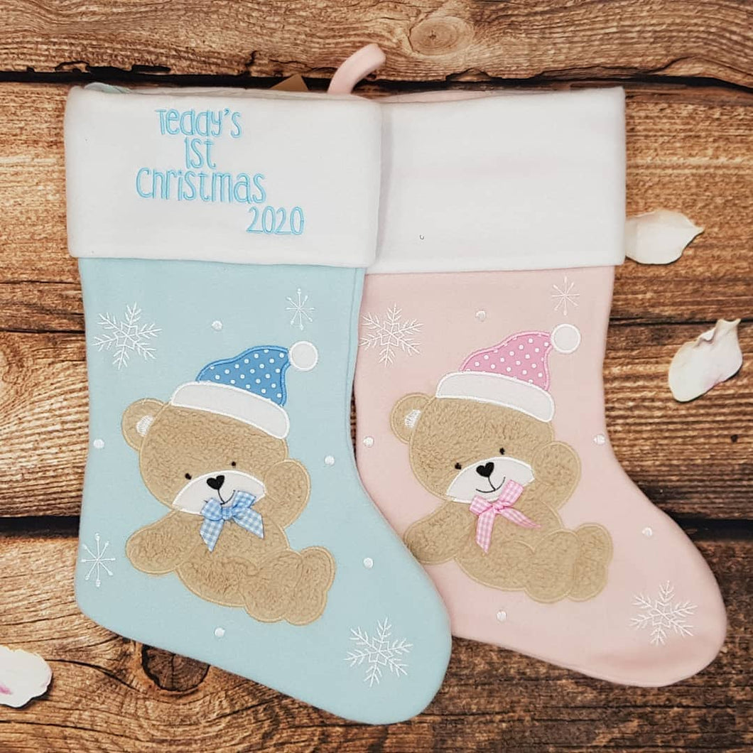 Babies first Christmas stocking, Personalised present, Childrens xmas sock, embroidered christmas keepsake, Christmas eve gift, teddy bear