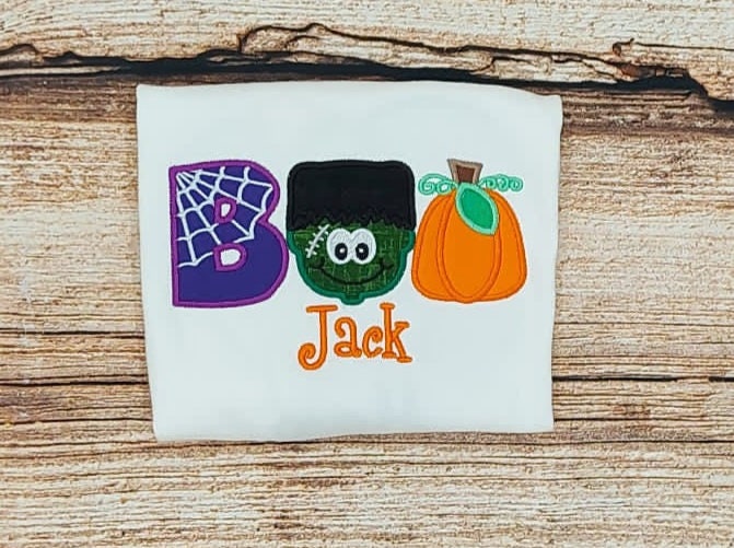 Childrens personalised halloween tshirt, kids embroidered halloween shirt, Childs Boo halloween top