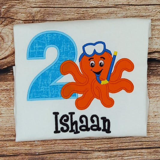 Childrens personalised birthday tshirt, Octopus tee, under the sea shirt, embroidered animal top, kids personalised cotton tshirt