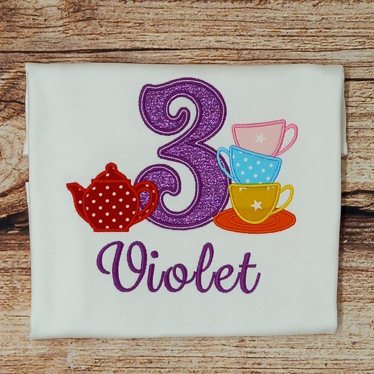 Childrens personalised birthday tshirt, Kids tea party shirt, Childs embroidered birthday tee, Personalised gift, tea pot and cups