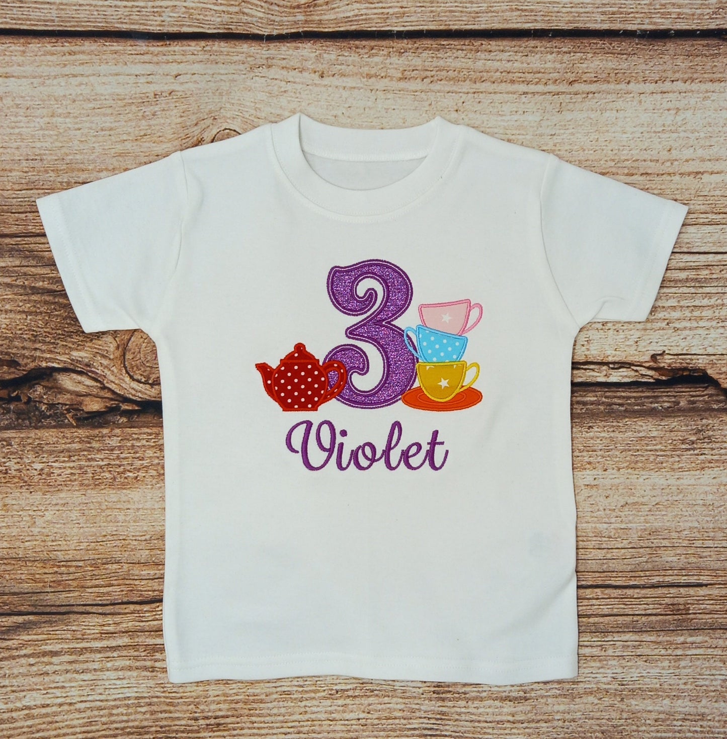 Childrens personalised birthday tshirt, Kids tea party shirt, Childs embroidered birthday tee, Personalised gift, tea pot and cups