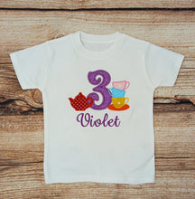 Load image into Gallery viewer, Childrens personalised birthday tshirt, Kids tea party shirt, Childs embroidered birthday tee, Personalised gift, tea pot and cups
