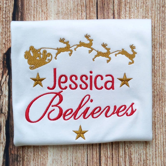 Childrens personalised Christmas tshirt, Childs xmas top, Santa and his Sleigh festive clothing, Kids embroidered Christmas shirt
